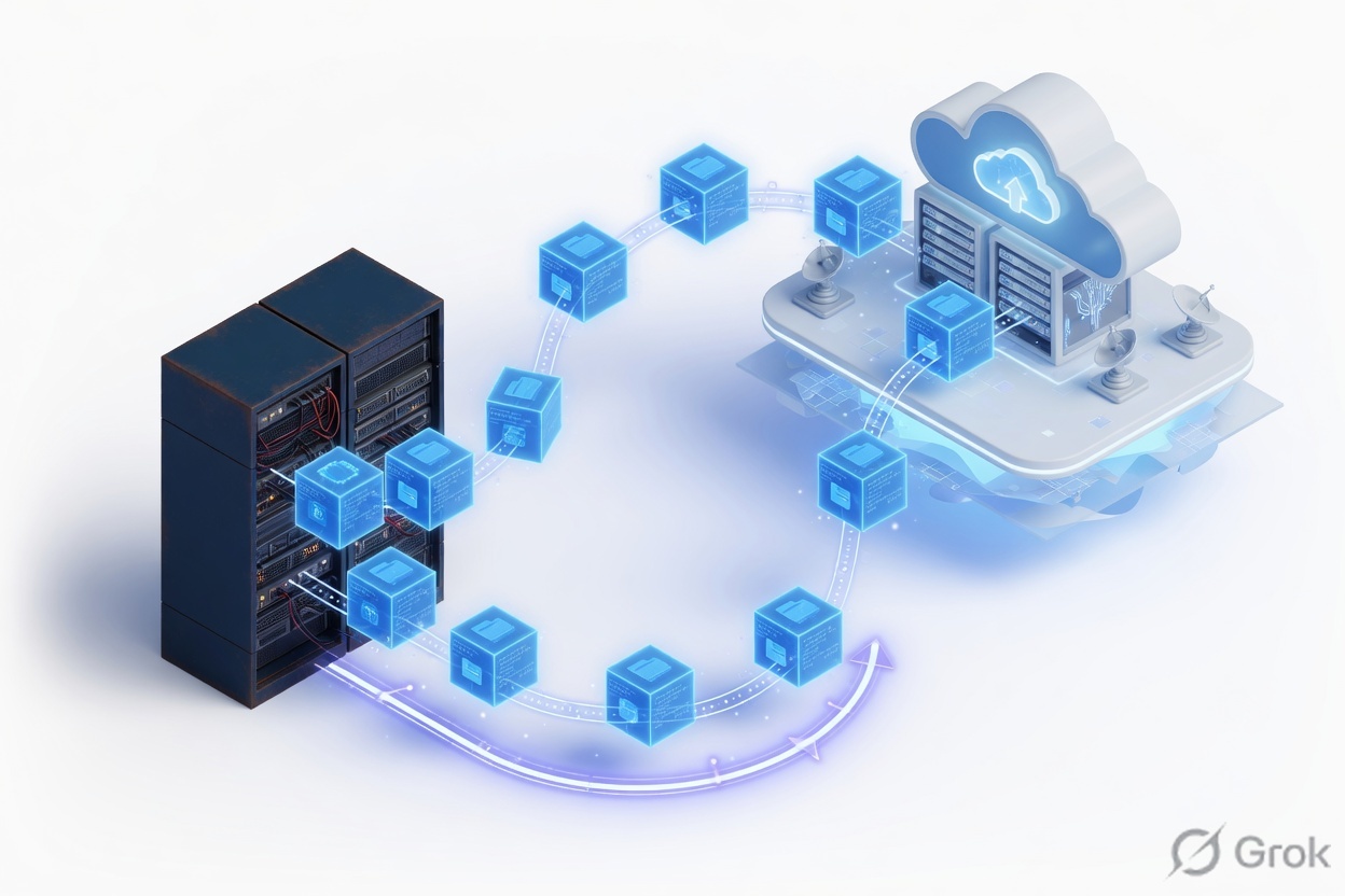 3D illustration of cloud migration — data cubes moving from servers to cloud