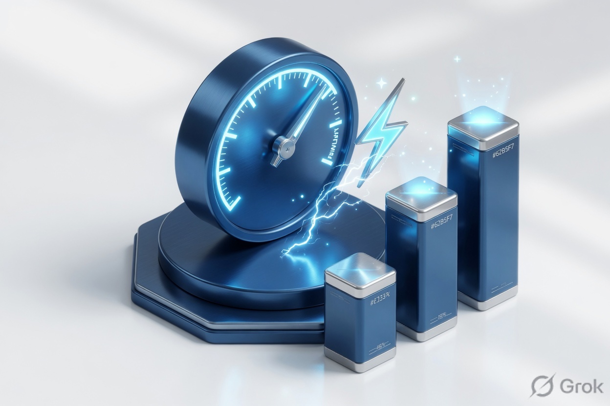 3D illustration of optimization — performance gauge and efficiency bars