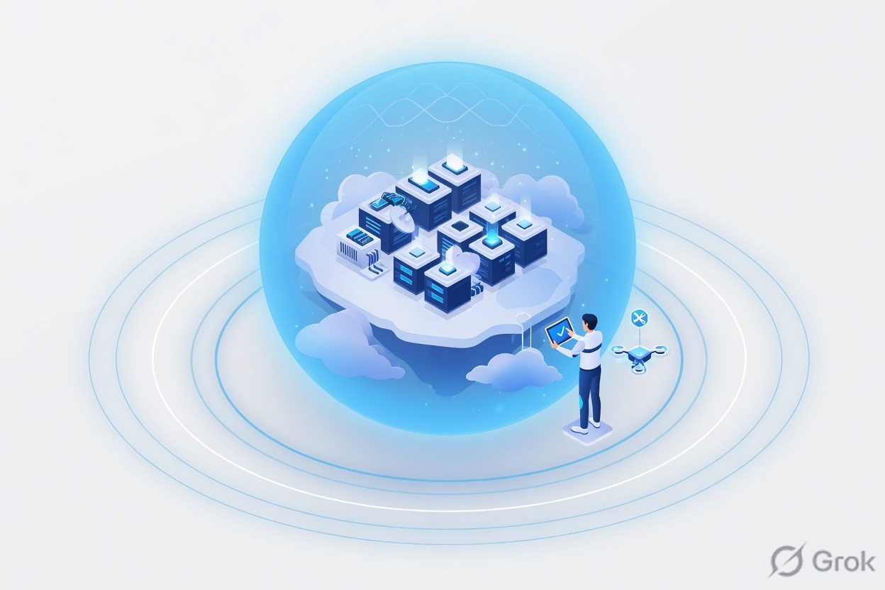 3D illustration of managed operations — protected cloud data center under a shield orb