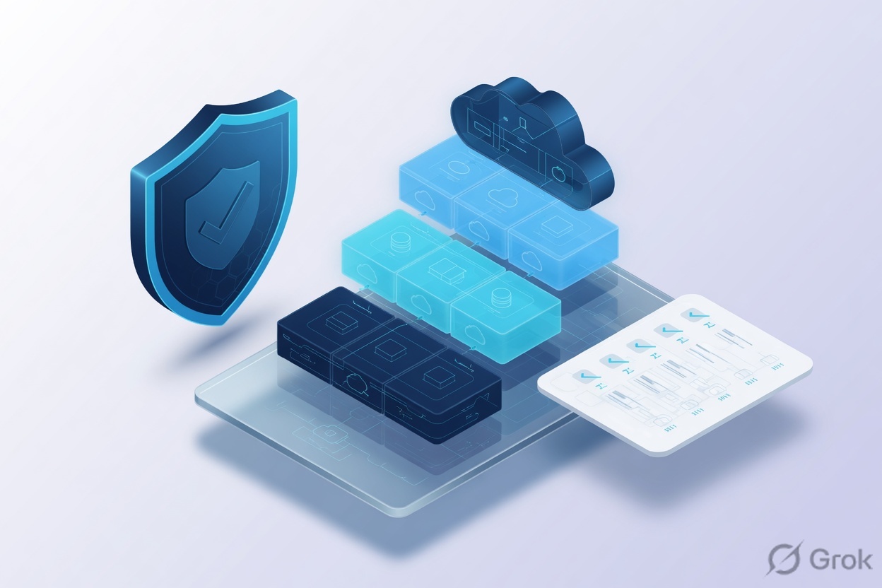 3D illustration of assess and architect — layered cloud architecture with security shield