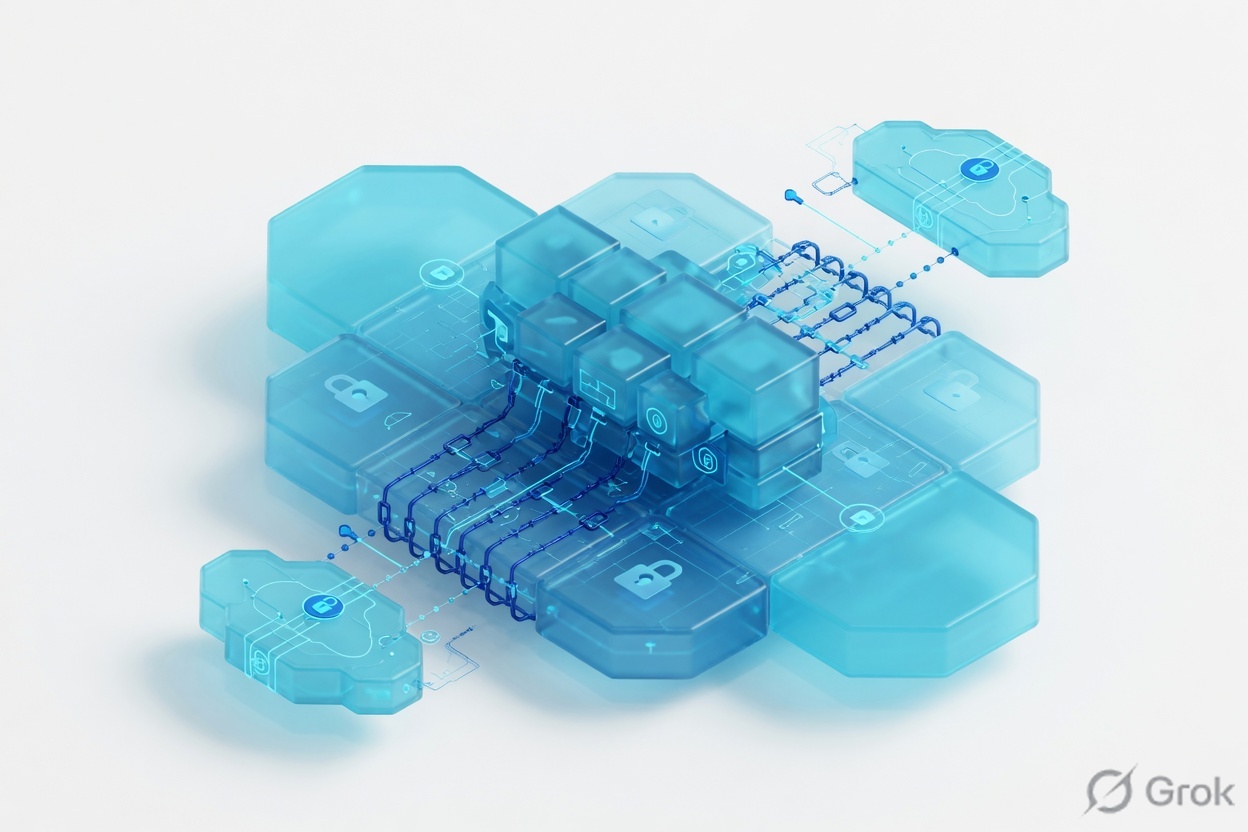 3D illustration of system design — interlocking glass cloud modules