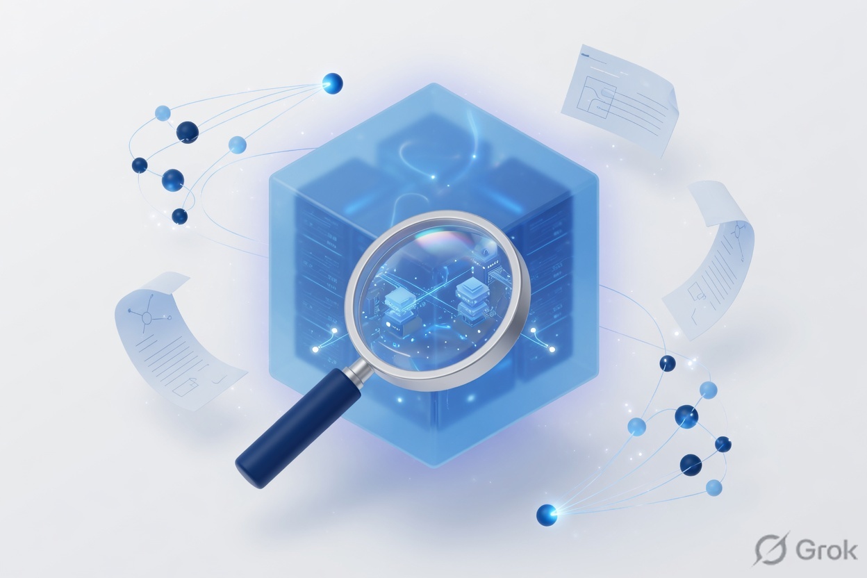 3D illustration of discovery — magnifying glass inspecting a cloud server cube